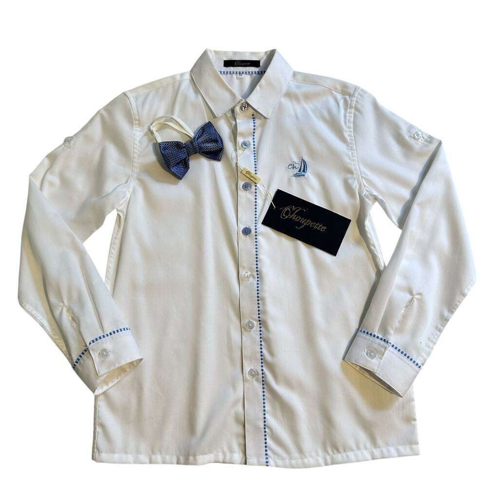 NWT Choupette Strip Trim Classic Shirt w/Bow Tie Boys 9-10